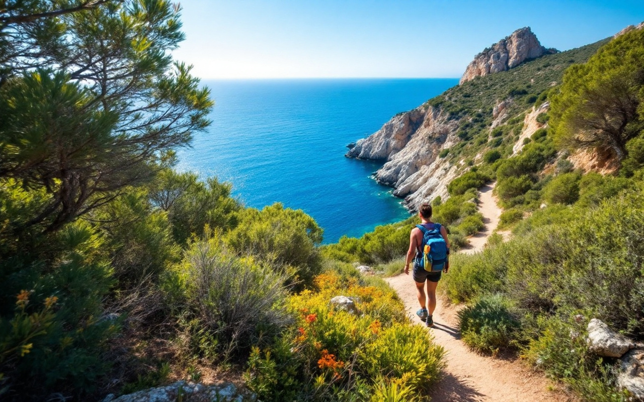 un-randonneur-sur-un-sentier-cotier-en-corse-entoure-de-verdure-luxuriante-et-de-falaises-rocheuses-avec-la-mer-bleu-profond-en-arriere-plan-sous-un-soleil-eclatant