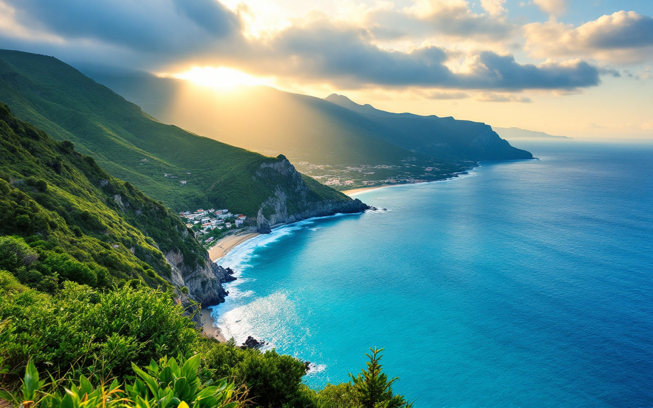 Stunning view of Girolata from the trail, showing lush hills and the deep blue sea, illuminated by golden rays of sunlight.