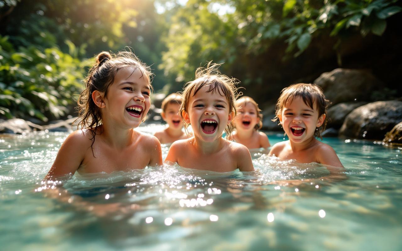 Des enfants s'amusent dans des piscines naturelles, riant et jouant au milieu d'une v&eacute;g&eacute;tation luxuriante et d'une eau claire, sous un soleil &eacute;clatant.