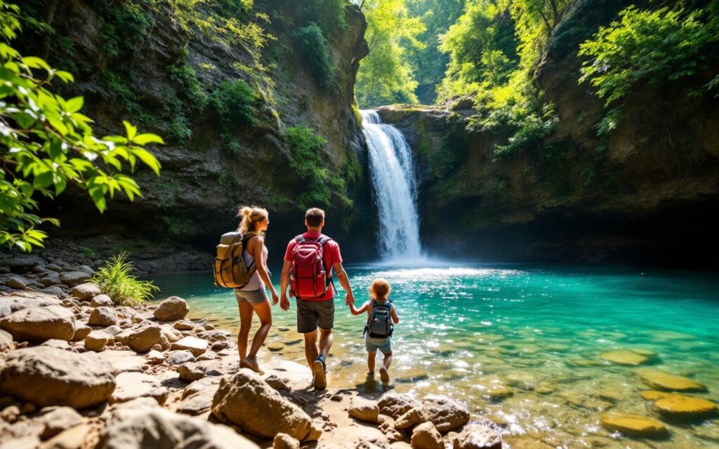 une-famille-en-pleine-randonnee-pres-de-chutes-deau-turquoise-entouree-dune-vegetation-luxuriante-et-dun-terrain-rocheux-profitant-dune-belle-journee-ensoleillee