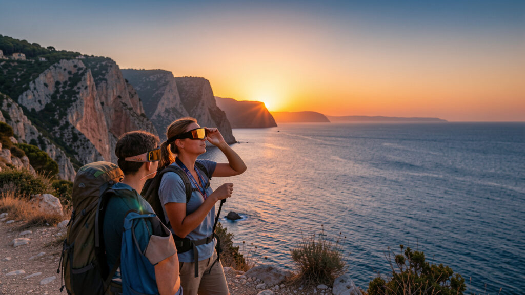 Deux femmes et un homme observent une éclipse solaire avec des lunettes de protection sur une côte espagnole au coucher du soleil.