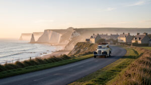 Route côtière normande au lever du soleil, bordée de falaises et d’un village typique, avec une voiture de voyage avançant dans le paysage.
