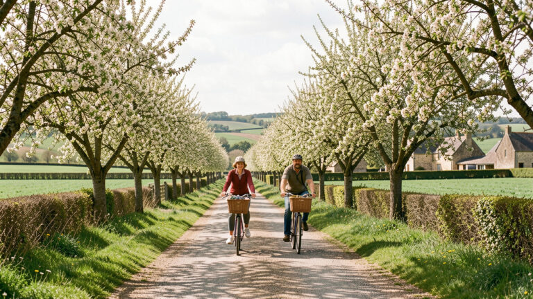 Une femme et un homme à vélo parcourent une route rurale normande bordée de pommiers en fleurs, sous une lumière printanière éclatante.