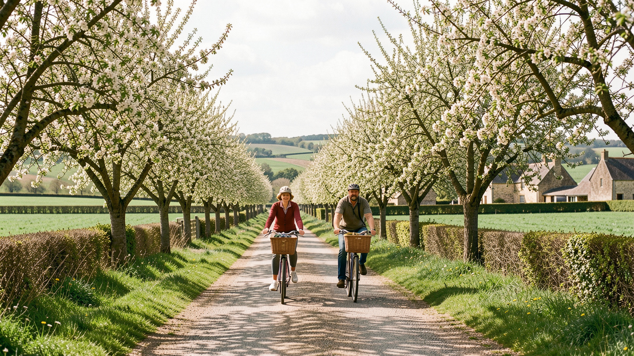 Une femme et un homme à vélo parcourent une route rurale normande bordée de pommiers en fleurs, sous une lumière printanière éclatante.