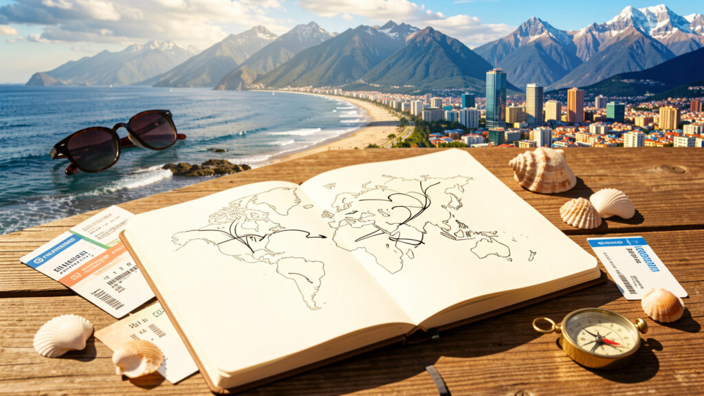 Carnet de voyage ouvert sur une table avec une carte du monde vierge, des itinéraires dessinés, des billets d’avion sans inscription, des lunettes de soleil et des paysages de mer, de montagne et de ville en arrière-plan.
