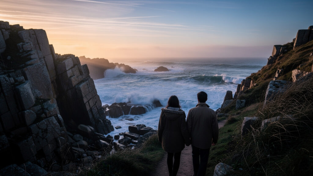 Un homme et une femme marchent côte à côte au crépuscule sur la côte sauvage de Quiberon, entre falaises de granite et océan animé dans une lumière dorée.