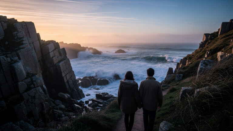 Un homme et une femme marchent côte à côte au crépuscule sur la côte sauvage de Quiberon, entre falaises de granite et océan animé dans une lumière dorée.