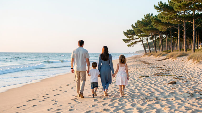 Une famille composée d’un homme, d’une femme, d’un garçon et d’une fille marche sur une plage de sable à Saint-Brevin-les-Pins, avec des pins maritimes et l’océan Atlantique en arrière-plan, dans la lumière douce du matin.