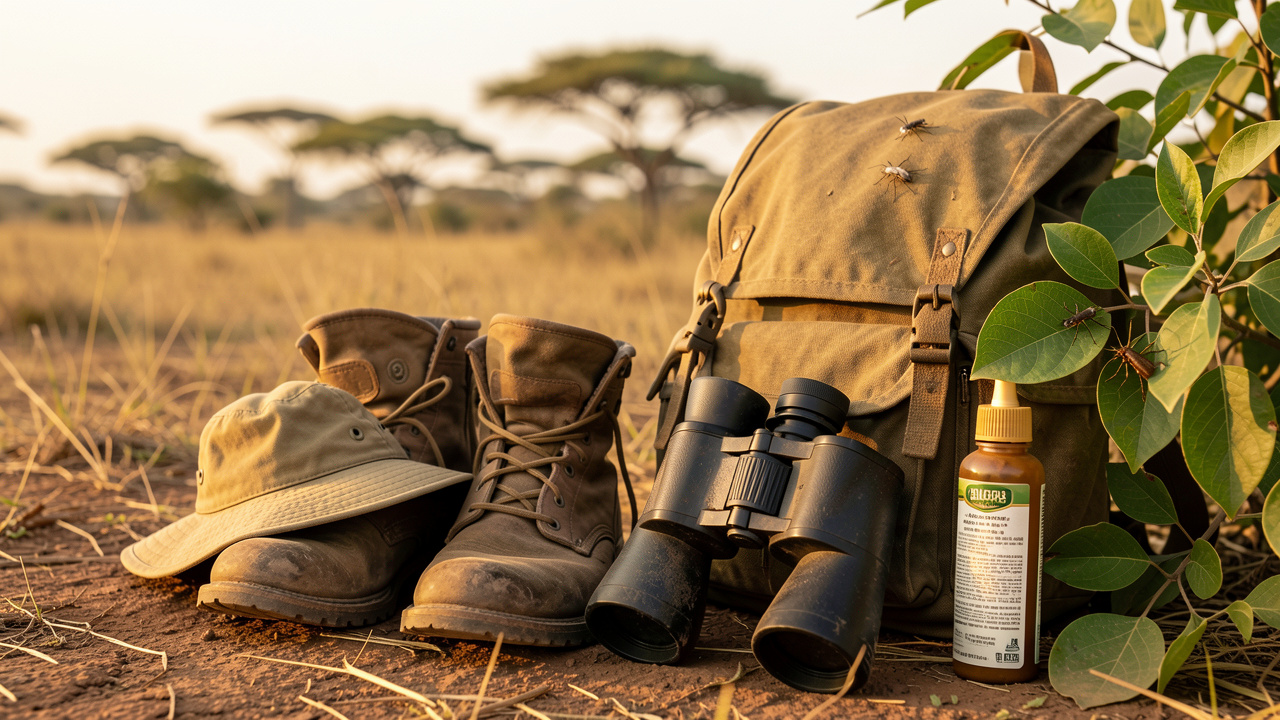 Équipement de safari posé dans la savane tanzanienne, avec un moustique et une tique visibles sur des feuilles voisines.