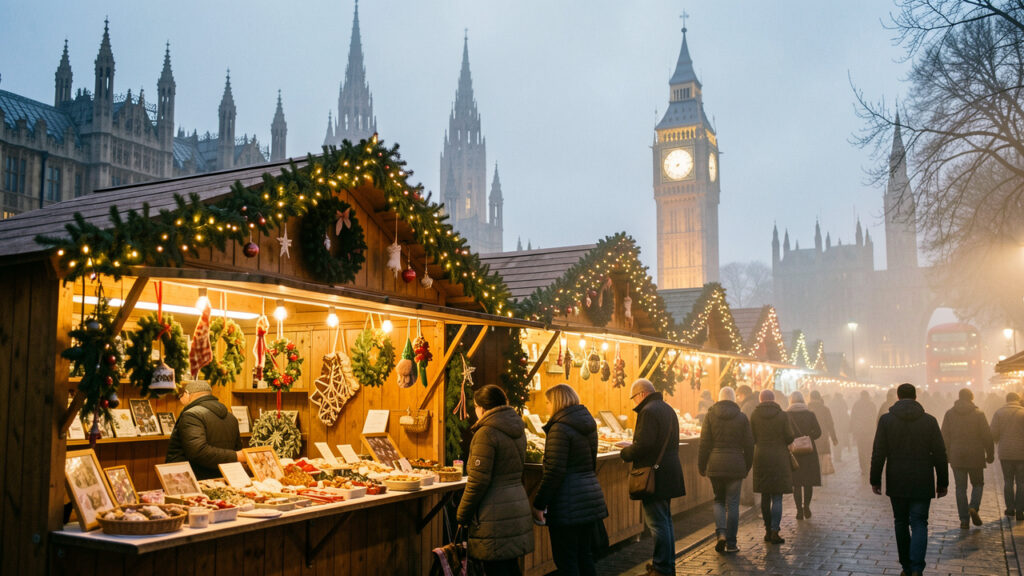 Marché de Noël illuminé à Londres au crépuscule, avec des chalets décorés et l’architecture de Westminster en arrière-plan.