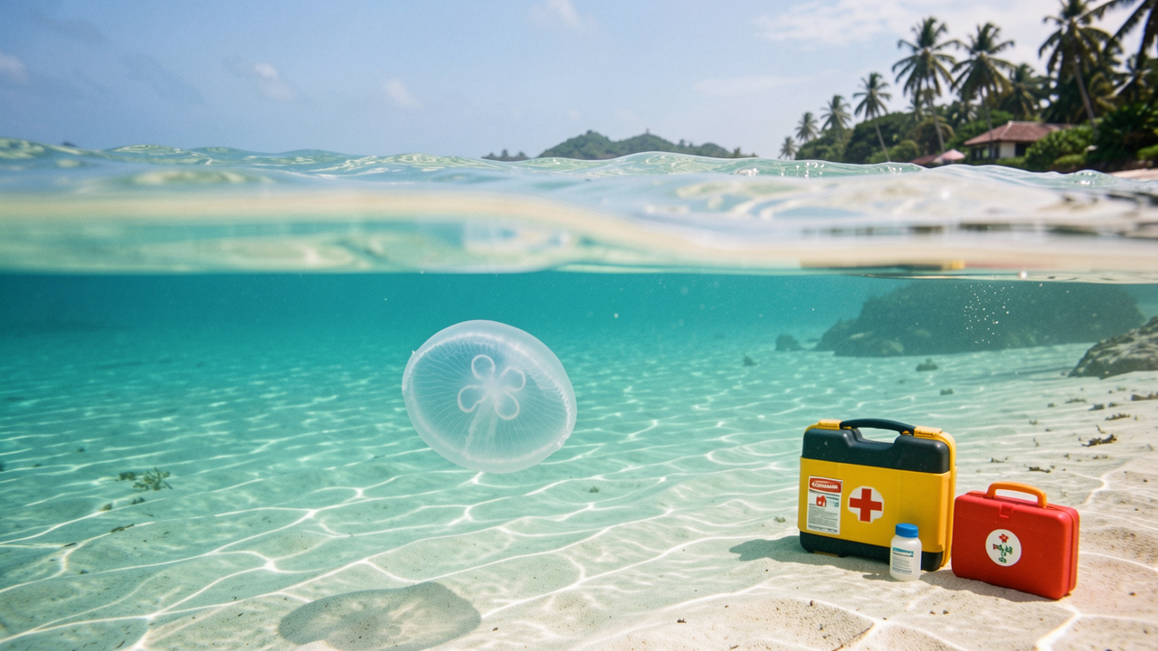 Méduse translucide dans les eaux turquoise peu profondes d’une plage tropicale de Zanzibar, avec une trousse de premiers secours sur le rivage.