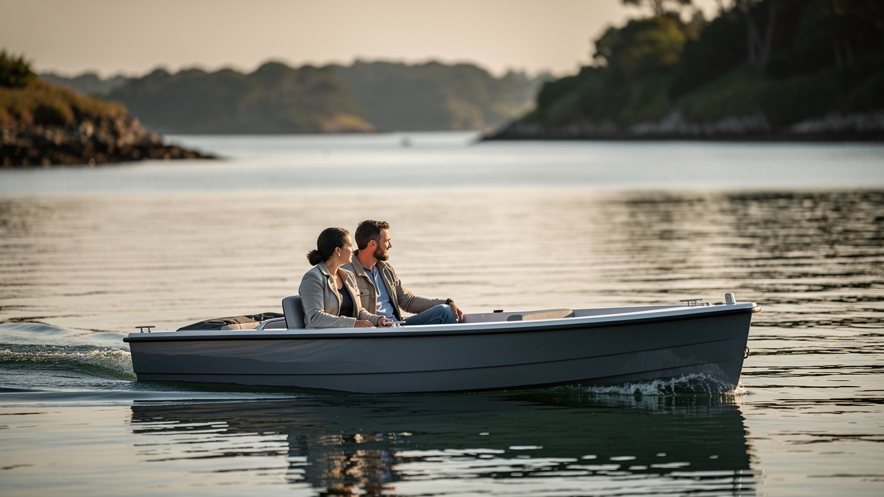 Un petit bateau électrique transportant un homme et une femme navigue sur les eaux calmes du Golfe du Morbihan, avec des îles boisées en arrière-plan dans la lumière douce de la fin d’après-midi.