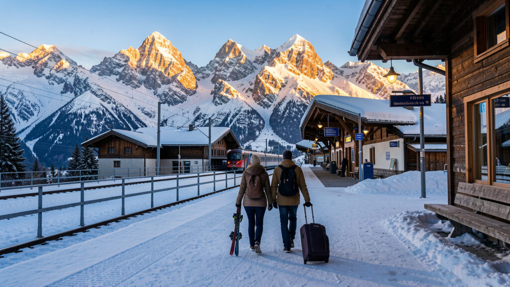 Vue panoramique d’une station alpine enneigée au lever du soleil, avec un homme et une femme portant des vêtements d’hiver, des valises et des skis devant les montagnes.
