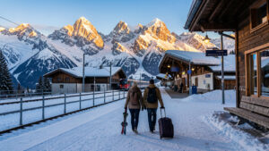 Vue panoramique d’une station alpine enneigée au lever du soleil, avec un homme et une femme portant des vêtements d’hiver, des valises et des skis devant les montagnes.