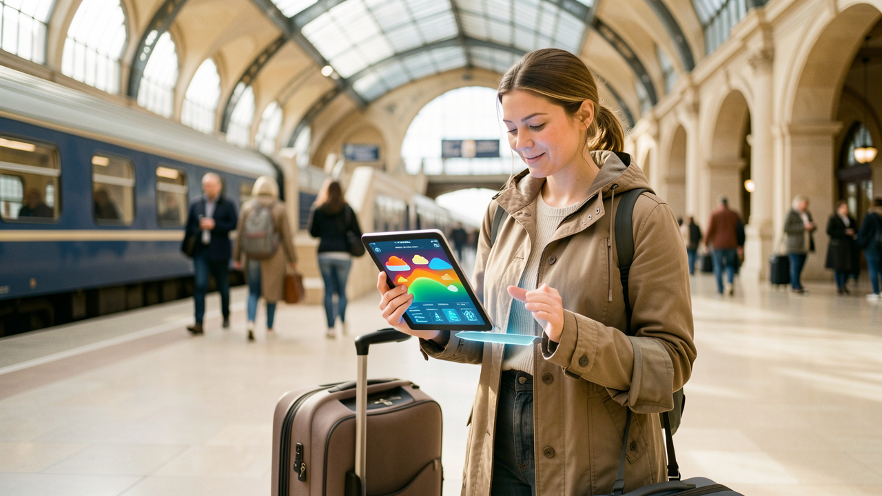 Une voyageuse consulte une tablette affichant des motifs abstraits de météo dans une gare européenne lumineuse, avec un sac de voyage discret à ses côtés.