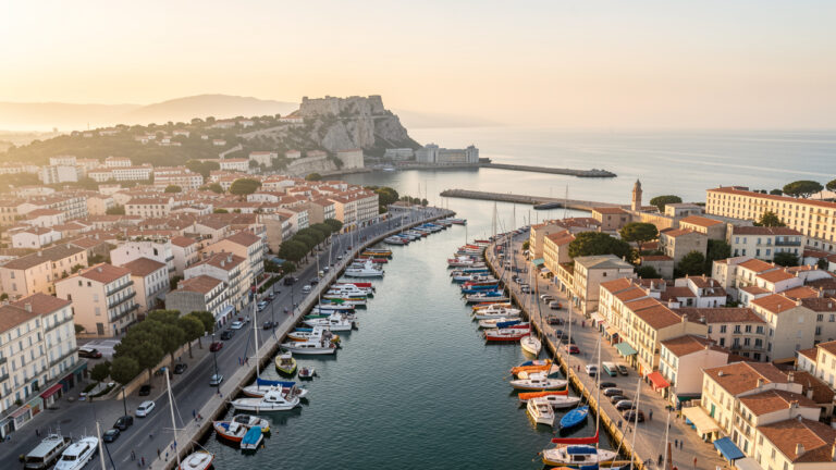 Vue panoramique de Sète depuis les hauteurs, avec ses canaux, ses bateaux colorés, le mont Saint-Clair et la Méditerranée au loin dans la lumière douce du matin.