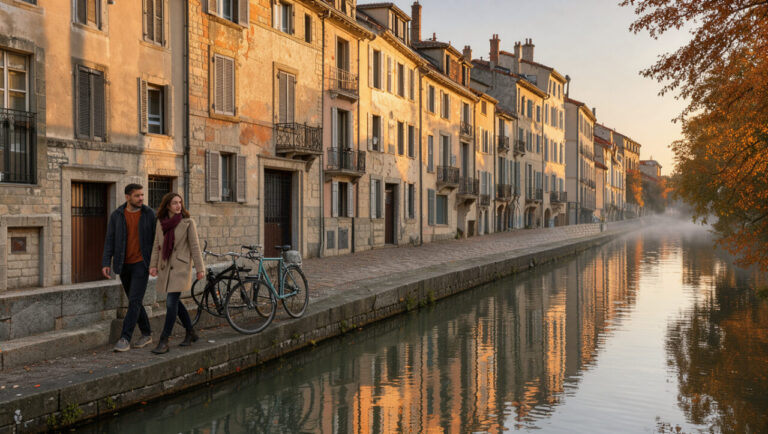 Vue éditoriale des quais de Saône à Mâcon au lever du soleil, avec des façades historiques colorées, un homme et une femme en promenade, des vélos et une lumière douce d’automne.