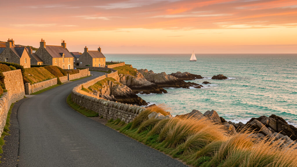Route côtière bretonne bordée d’un village en pierre, avec la mer turquoise et un voilier au loin sous la lumière dorée du coucher du soleil.