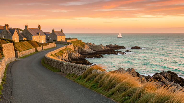 Route côtière bretonne bordée d’un village en pierre, avec la mer turquoise et un voilier au loin sous la lumière dorée du coucher du soleil.