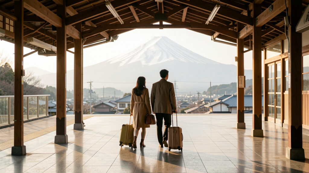 Un homme et une femme arrivent sur un quai de gare japonais et contemplent le mont Fuji dans la lumière douce du matin.