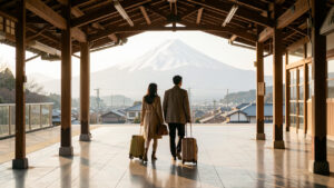Un homme et une femme arrivent sur un quai de gare japonais et contemplent le mont Fuji dans la lumière douce du matin.
