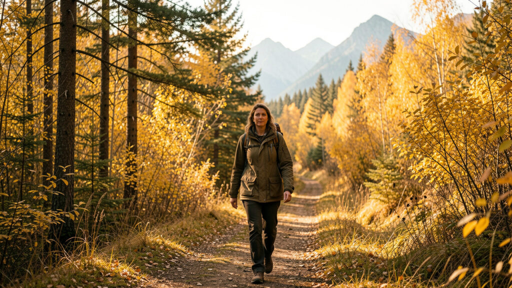 Une voyageuse marche sur un sentier bordé de feuillages dorés en automne, avec des montagnes au loin dans la lumière douce de la fin d’après-midi.